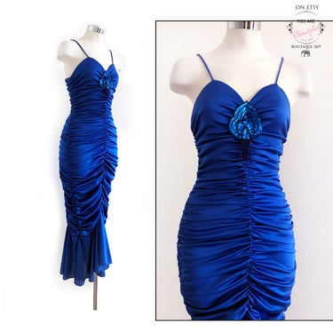 80's Ruched WIGGLE DRESS Vintage Blue 1980's Prom Party Evening Dress Gown Marilyn Monroe Mermaid style 1970's Pencil Dress Sexy Bodycon 