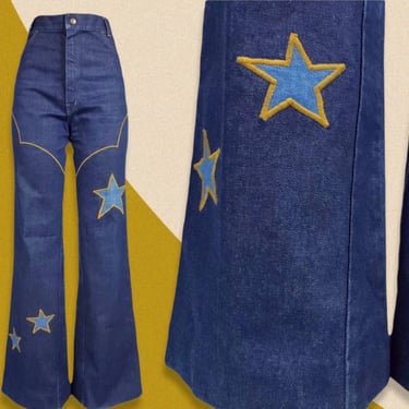 1970s patchwork star jeans. Bareback bell bottoms in a high rise/dark wash. Unique killer star patches & embroidery. (30/31 x 34) 
