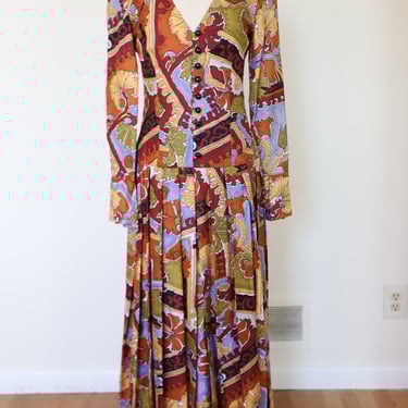 1970s Custom Made Printed Button Down Drop Waist Silk Dress
