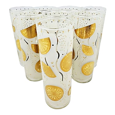 MCM retro barware, 4 Tall frosted cocktail, ice tea, or lemonade glasses, Fun summer glassware, Federal Glass fruit / Gold Lemon slices 