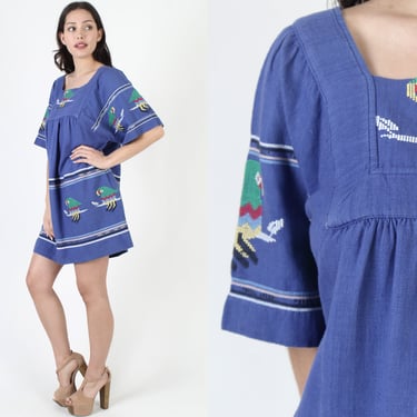 Royal Blue Guatemalan Tent Dress / Vintage Heavyweight Cotton Mexican Tucan Print / Aztec Embroidered Woven Mini Frock 