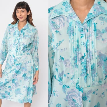 70s Floral Dress Button Up Midi Shirtdress Pleated Seafoam Blue Flower Print Secretary Long Sleeve Vintage 1970s Shirtwaist Medium Large 