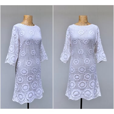 Vintage 1960s Cole of California White Crochet Lace Mini Dress, Boho Beach Wedding Shift, Mod Summer Fashion, Pool Party Cover-Up, Small 