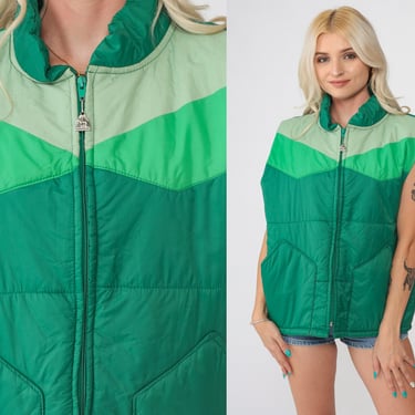 Green Puffer Vest Pacific Trail Ski Vest Retro 70s Vest Color Block Puffy Sleeveless Jacket Winter Three Tone Hipster Vintage 1970s Large 