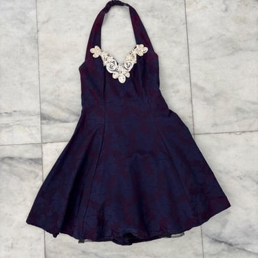 Vintage 50s Roberta Dress Purple Floral Lace Embroidered Pin Up Tulle Halter Women 9/10 