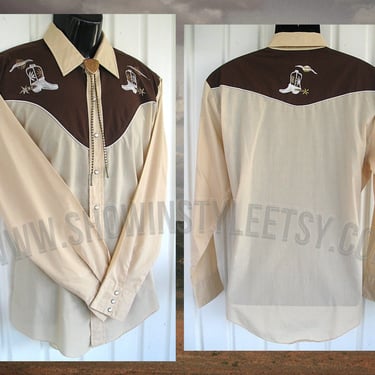 Vintage Western Men's Cowboy and Rodeo Shirt by Big D, Rockabilly, Brown Yokes, Embroidered Boots and Suns, Size Large (see meas. photo) 