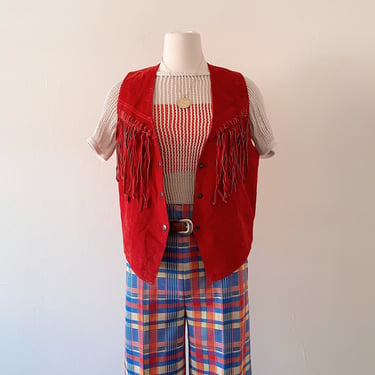 Vintage Red Leather Fringe Vest | Size M 