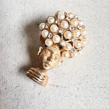 Rare Coronavirus African pearl rhinestone brooch, pearl brooch, 1950s lapel pin, African queen, vintage jewelry, 60s 