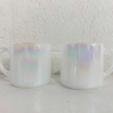 Vintage Federal Glass Iridescent Mugs Set of 2 Mug Holographic Coffee Milk Aurora Pearl Luster Moonglow Rainbow Handle Lusterware 1960s 