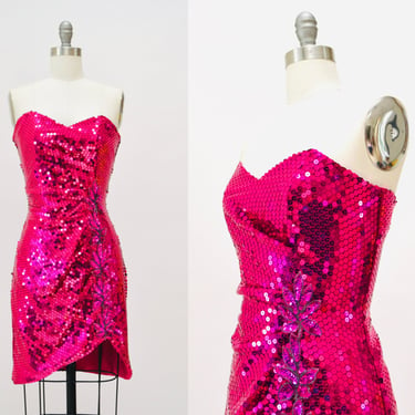 80s 90s Vintage Pink Sequin Dress Prom Dress XS Small // 80s Metallic pink Sequin Strapless Dress Nadine XS Small 80s Barbie Pageant Dress 