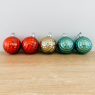 Vintage Disco Ball Christmas Ornaments - Set of 5 Green Gold Red 