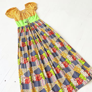 1970s Patchwork Print Lace Up Maxi Dress 