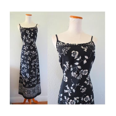 Vintage 90s Midi Dress - Casual Floral Print Sundress - Tie Back Navy Blue & White Flower Summer Dress - Size Small 