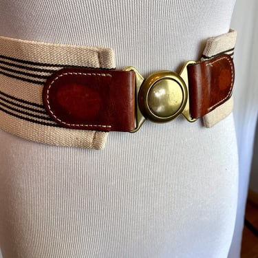 Extra wide 1980’s stretchy belt mahogany brown leather pinstripes spectator 2 tone Boho style Neutral tones size Medium /stretch 