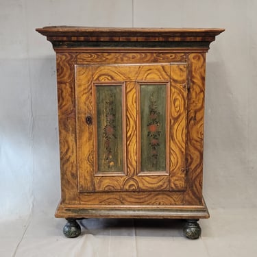 Antique 19th Century Austrian Pine Cupboard With Original Faux Bois Paint and Floral Accents