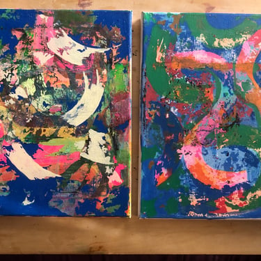 Two Fun Colorful, Contemporary Abstract Acrylic Paintings, each measure 8.75” x 11.75”, both on stretched canvas, unsigned. 