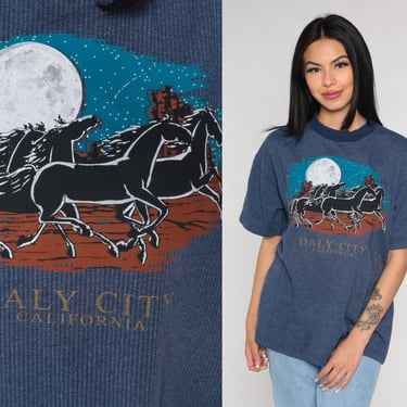 Daly City T-Shirt 90s California Shirt Desert Wild Horse Graphic Tee Retro Animal Full Moon Tourist T-Shirt Blue Vintage 1990s Medium Large 