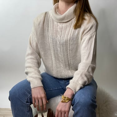 Vintage Cream White Silk Angora Blend Semi Sheer Cowl Neck Sweater, Size Large 