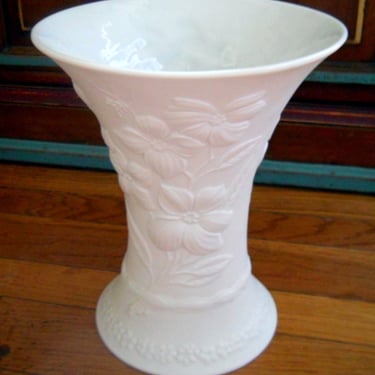 Beautiful Tall White German Bisque Vintage Embossed Dogwood Vase~  Kaiser Germany Floral Porcelain Elegant Wedding Gift~ OP Art ~ 