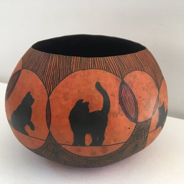 Vintage Hand Painted Gourd By Jainie Wright, Black Cats, Halloween Fall Decor, Gourds From Georgia And Alabama, Signed By Artist 