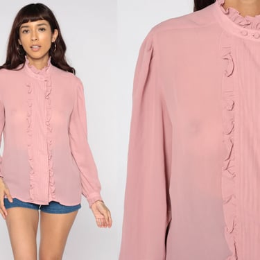 Pink Ruffle Blouse 80s TUXEDO Button Up SHEER Top 1980s Victorian Blouse Vintage Puff Sleeve Secretary Shirt 1980s Medium 