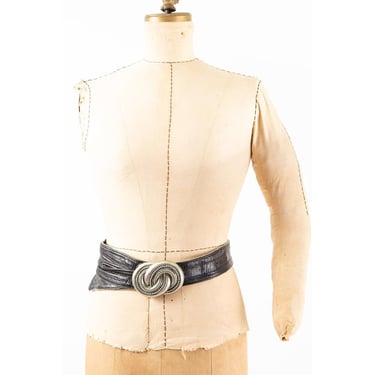 Vintage 1980s silver tone overlapping circles belt / Black leather sash belt / S M 