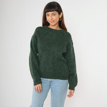 Vintage Eddie Bauer Sweater 90s Green Knit Wool Crewneck Plain 1990s Slouchy Retro Medium M 