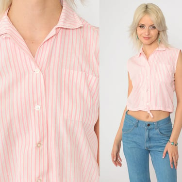 60s Pastel Pink Striped Crop Top Sleeveless Button Down Tank Top Vintage 1960s Drawstring Waist Cropped Shirt Chest Pocket Extra Small xs 32 