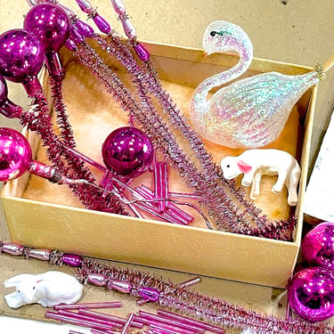 VINTAGE: Christmas Craft Finds - Corsages, Ornaments, Decorations, Crafts - Blown Glass Swan, Mercury Beads, Picks - SKU Tub-400-00034444 