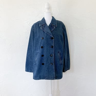 80s Double Breasted Denim Coat with Black Nautical Anchor Buttons | Large/Extra Large 
