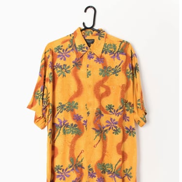 Vintage Hawaiian shirt in warm orange yellow with purple and green flowers - Large 