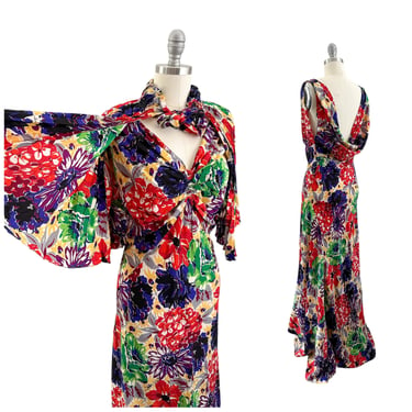 30s Floral Silk Crepe Gown & Cape / 1930s Vintage Floor Length Dress / Medium to Large / Size 10 