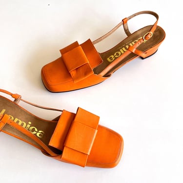 Vintage 60s Lamica Italy Mod Orange Block Heeled Slingbacks 