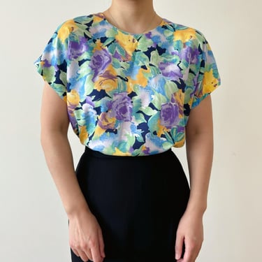 vintage floral shirt floral blouse vintage blouse abstract short sleeve purple yellow blue Made in USA 80s 90s retro vintage style size S/M 