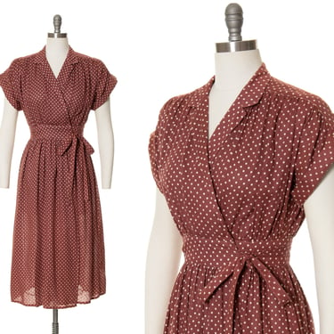 Vintage 1970s Wrap Dress | 70s Polka Dot Printed Cotton Brown Fit and Flare Adjustable Lightweight Summer Midi Day Dress (small/medium) 