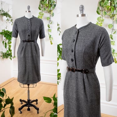 Vintage 1950s Shirt Dress | 50s Grey Wool Button Up Wiggle Sheath Pencil Dress (small/medium) 