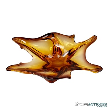 Mid-Century Abstract Amber Art Glass Centerpiece Bowl