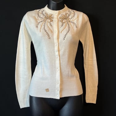 1950s beaded cardigan vintage cream pearl floral sweater medium 