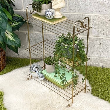 Vintage Plant Stand Retro 1960s Mid Century Modern + Gold + Metal Frame + 3 Tier + Open Bar Shelving + Flower and Plant Display + MCM Decor 