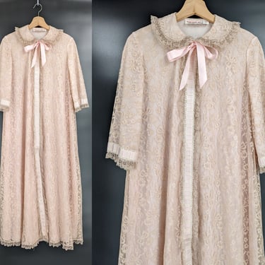 Vintage 50s Odette Barsa Pale Pink Lace Snap Front Dressing Gown - Fifties Small - Medium Half Sleeve Lace Robe 