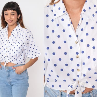 90s Tie Waist Blouse White Polka Dot Crop Top Button Up Cropped 1990s Vintage Short Sleeve Blue Casual Cotton Medium 