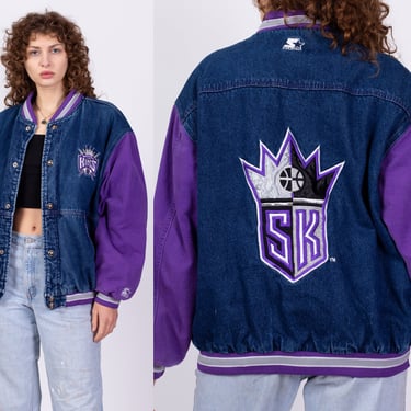 90s Sacramento Kings Denim Starter Jacket - Men's Large | Vintage NBA Basketball Snap Up Varsity Coat 