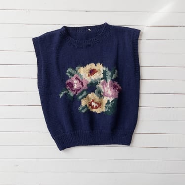 wool sweater vest | 80s 90s vintage navy blue floral chunky hand knit cute cottagecore dark academia sleeveless sweater 