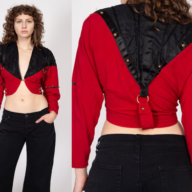 XL 80s Red & Black Parachute Cropped Bolero Top | Vintage Two Tone Long Sleeve Button Up Crop Top 