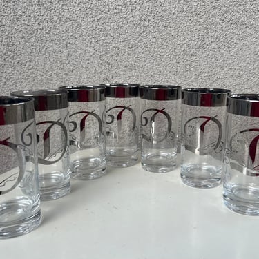 Vintage MCM Vitreon Queens Lusterware classic barware tall tumbler glasses monogram letter “D” set 7 