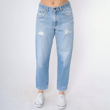 Vintage 90s Mom Jeans M Ripped Lee Jeans Tapered Leg High Waisted Rise Light Wash Blue Denim Pants Retro Relaxed 1990s Medium 31 