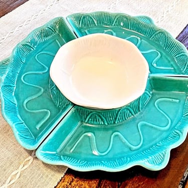 Vintage CAL USA Pottery 4pc Snack Set | Rare Full Set! #485 | Turquoise & White 