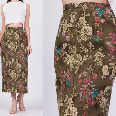 90s Olive Floral Grunge Midi Skirt - Small | Vintage Deadstock Side Slit Boho A Line Ankle Length Skirt 