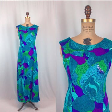 Vintage 50s dress | Vintage vivid blue floral tiki maxi dress | 1950s Hale Muu Hawaiian dress 