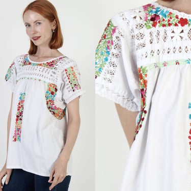 White Crochet Oaxacan Top Rainbow Floral Embroidered Lace Mexican Tunic Traditional Festival Blouse 